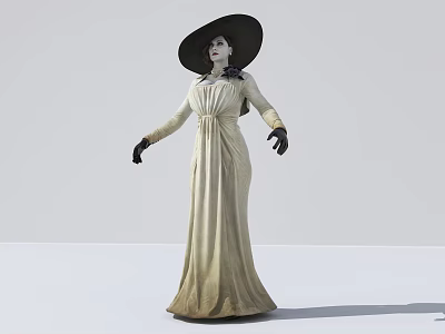 Game Movie Character In Vintage Long Dress With Wide Brimmed Hat And Black Gloves 3d model