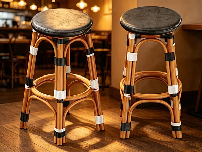 Stylish Bar Stools With Black Leather Seats Golden Frames And Straps In Restaurant Space 3d model