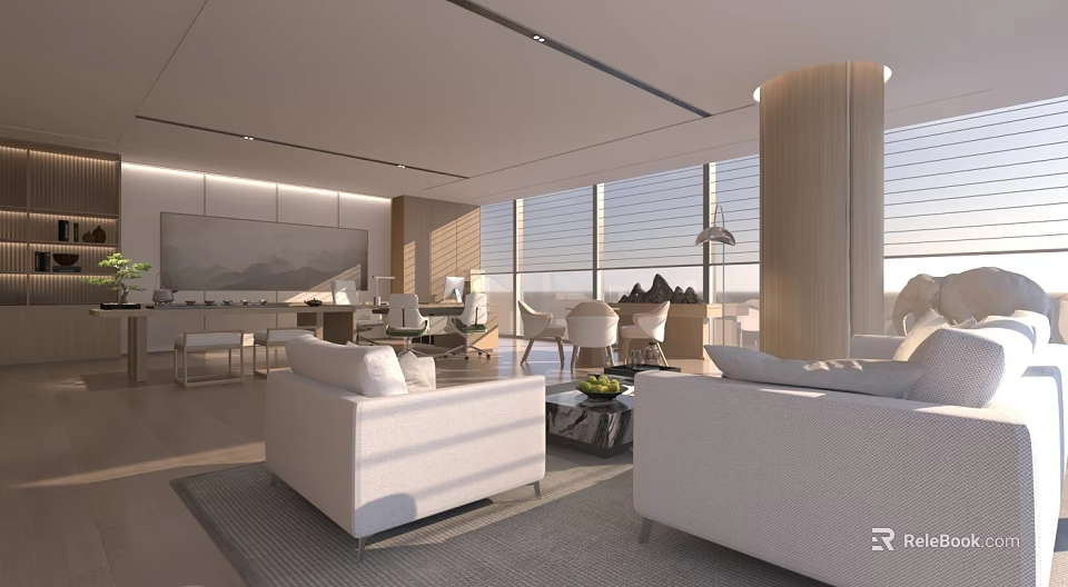 Modern Office Space With White Sofas Meeting Table Large Windows And Wooden Columns 3d model 