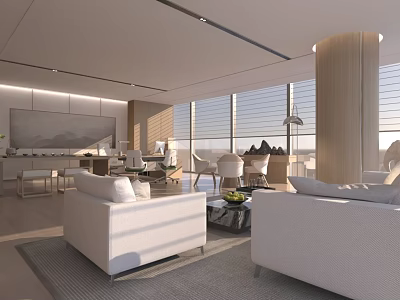 Modern Office Space With White Sofas Meeting Table Large Windows And Wooden Columns 3d model