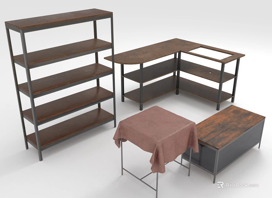 Wooden And Metal Home Furniture Set With Bookshelf L Shaped Desk Small Table And Storage Cabinet 3d model 