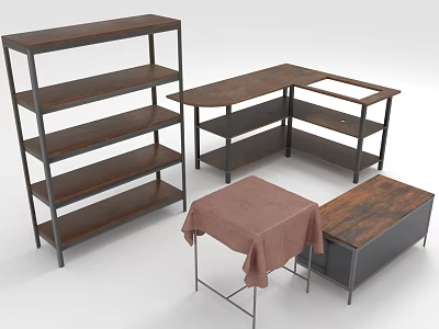 Wooden And Metal Home Furniture Set With Bookshelf L Shaped Desk Small Table And Storage Cabinet 3d model