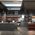Modern Kitchen Interior Design With Grey Cabinets Wooden Accents And Neon Light