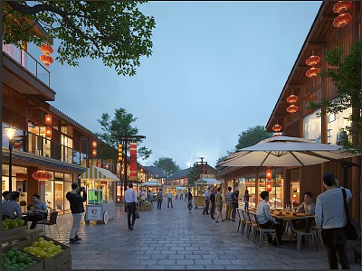 Bustling Traditional Pedestrian Commercial Street With Lanterns Outdoor Dining And Evening Ambiance 3d model