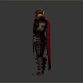 Futuristic Warrior Character In Metallic Armor With Red Cape And Glowing Chest Core