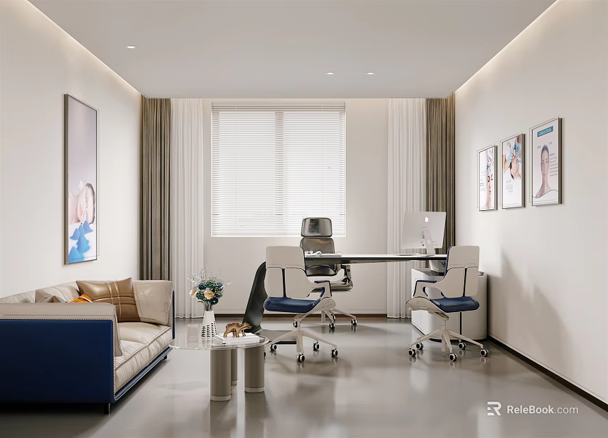 Bright Modern Office Space With Sofa Desk Rolling Chairs Window And Paintings 3d model
