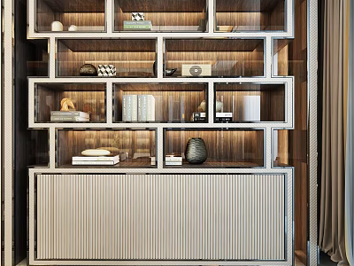 Modern Display Cabinet With Multiple Glass Compartments Wooden Frame And Decorative Items Inside 3d model