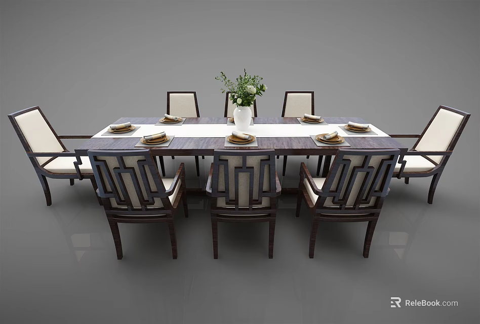 Modern Chinese Dining Table Set with Rectangle Top Matching Chairs and Green Plant Vase Tableware 3d model 