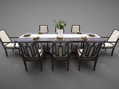 Modern Chinese Dining Table Set with Rectangle Top Matching Chairs and Green Plant Vase Tableware 3d model