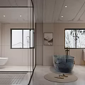 Elegant Modern Bathroom Interior With Blue Freestanding Tub Large Mirror And White Vanity