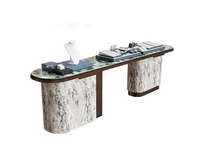 Elegant Modern Display Cabinet Shelf with Marble Pillars and Countertop for Reception Items 3d model