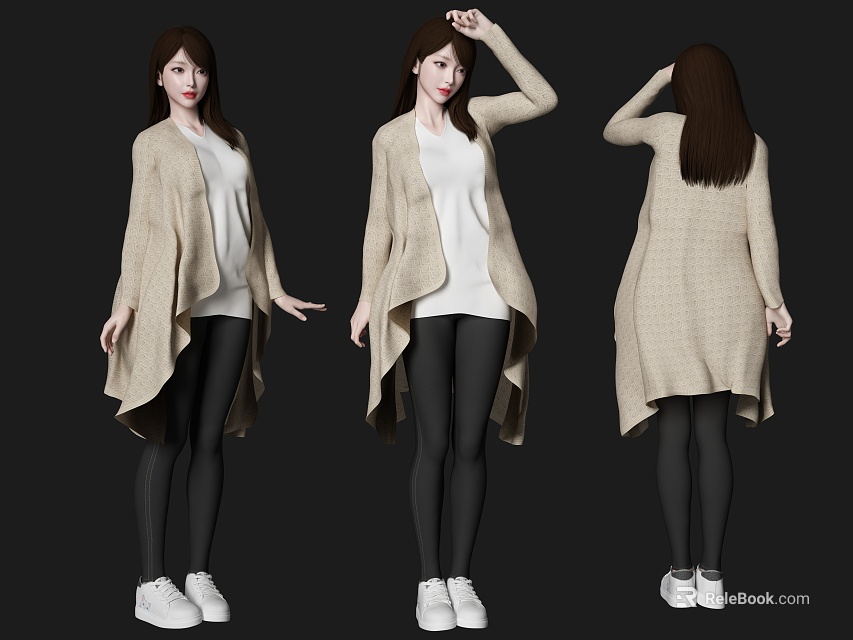 Woman Wearing Beige Cardigan White Top Black Leggings And White Sneakers 3d model 