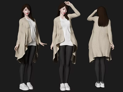 Woman Wearing Beige Cardigan White Top Black Leggings And White Sneakers 3d model