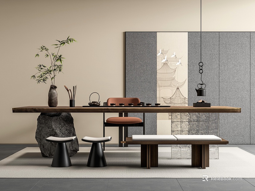 Long Wooden Tea Table and Chairs with Small Stools Potted Plant and Screen 3d model 