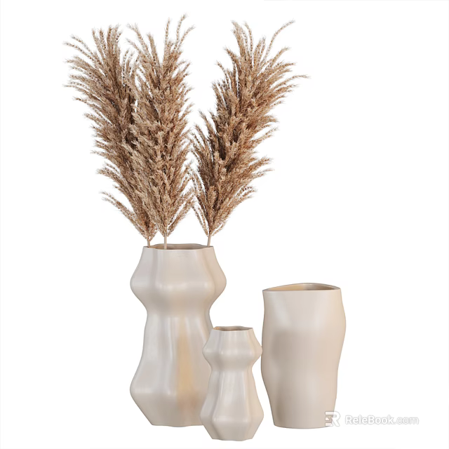 White Vases With Different Shapes And Dried Plants For Modern Home Decor 3d model 