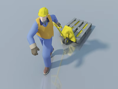 Man Wearing Yellow Hard Hat Pushing Gray Pallet Truck In Blue Uniform And Yellow Vest 3d model