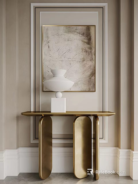 Elegant Console Table With White Vase And Golden Legs Against Decorative Painting 3d model 