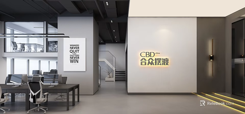 Modern Public Office Space Interior Design With CBD Signage Staircase And Work Desks 3d model 
