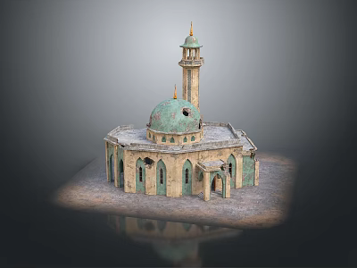 Traditional Mosque Building With Green Dome Minaret Arched Windows And Stone Base 3d model