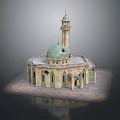 Traditional Mosque Building With Green Dome Minaret Arched Windows And Stone Base