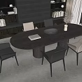 Modern Oval Wooden Dining Table Set With Six Gray Beige Chairs And Decorative Items