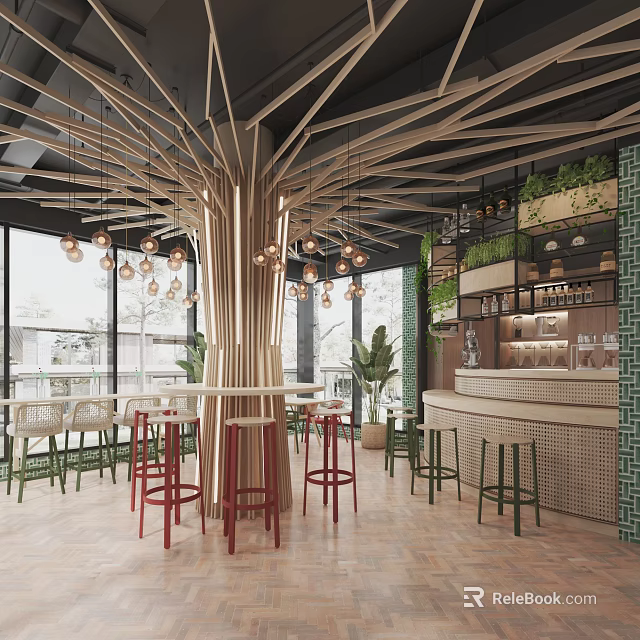 Modern Café Interior With Tree Like Wooden Structure Hanging Lights And Green Plant Wall 3d model 