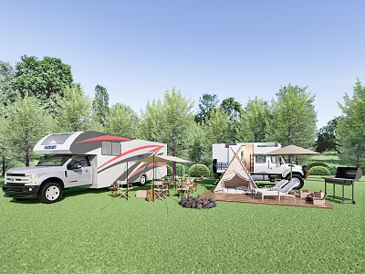 Garden Landscape With RV Tent Outdoor Seating And BBQ Grill In Green Grass Area 3d model