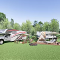 Garden Landscape With RV Tent Outdoor Seating And BBQ Grill In Green Grass Area