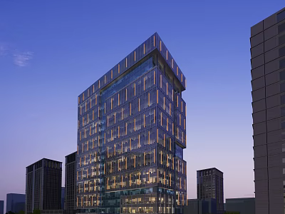 Modern Office Building Exterior With Glass Curtain Wall And Illuminated Lighting In Twilight Sky 3d model