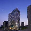 Modern Office Building Exterior With Glass Curtain Wall And Illuminated Lighting In Twilight Sky