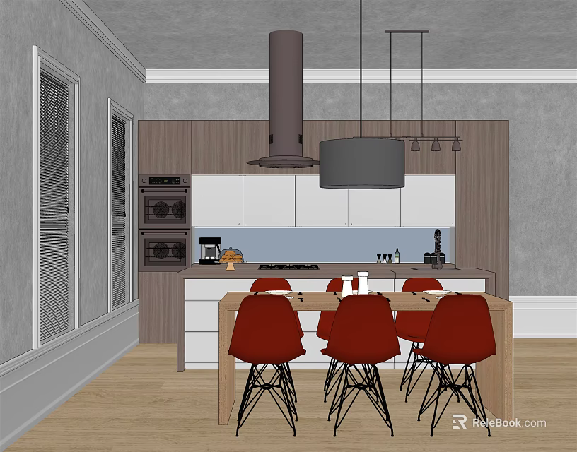 Modern Dining Table Set With Red Chairs Hanging Lamp And Kitchen Cabinets 3d model