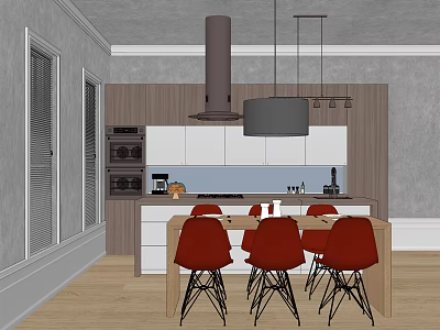 Modern Dining Table Set With Red Chairs Hanging Lamp And Kitchen Cabinets 3d model
