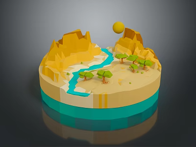 Low Poly Landscape Featuring Yellow Mountains Blue River Green Trees And Sun 3d model