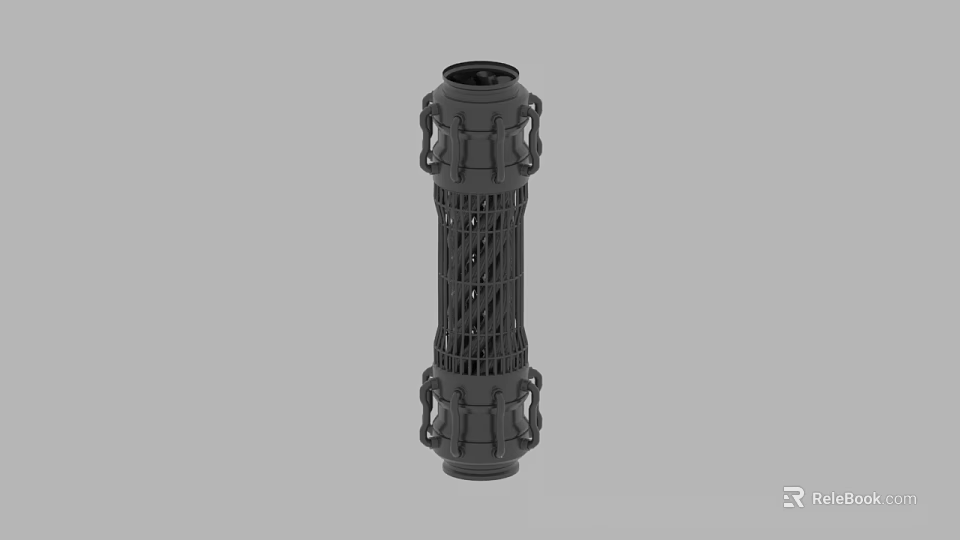 Black Cylindrical Industrial Component With Grid Middle Section And Ring Decorations On Gray Background 3d model