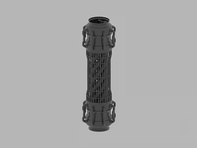 Black Cylindrical Industrial Component With Grid Middle Section And Ring Decorations On Gray Background 3d model