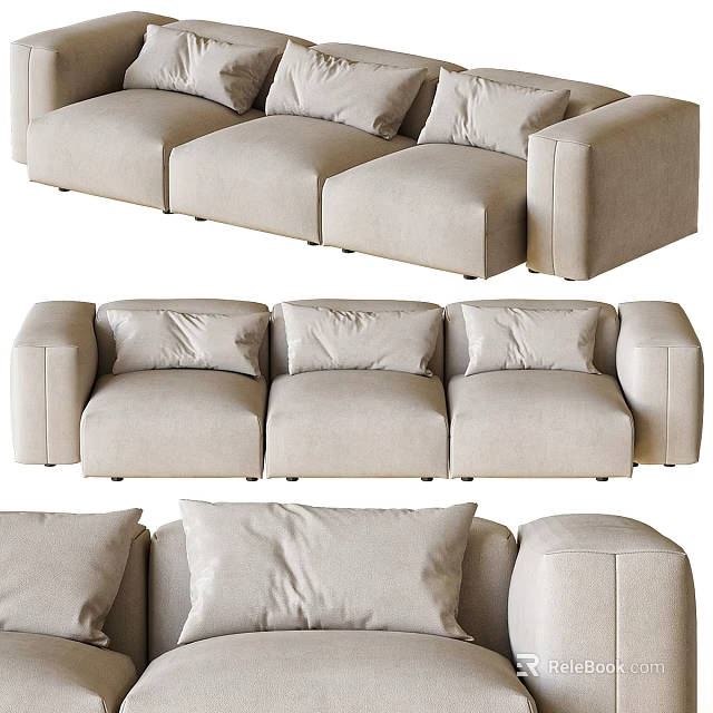 Light Colored Three seater Sofa with Modern Minimalist Cushions Design 3d model