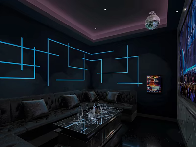 Modern KTV Lounge With Dark Walls Blue Neon Lines Sofa Glass Coffee Table And Disco Ball 3d model
