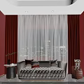 Red Curtains and Beige Sheer Curtains in Interior with Beige Sofa and City Night View