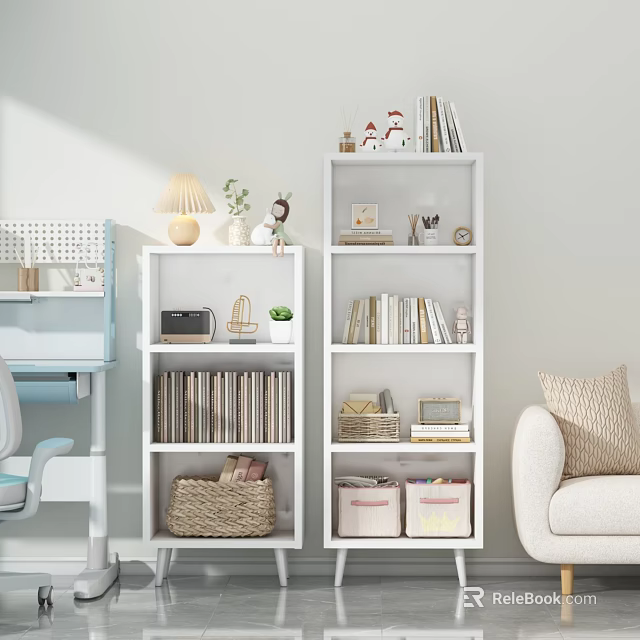 Modern White Bookcase Interior With Books Decorative Items Woven Baskets and Storage Boxes 3d model