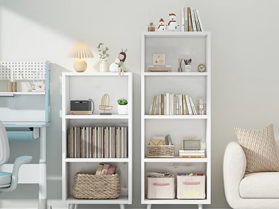 Modern White Bookcase Interior With Books Decorative Items Woven Baskets and Storage Boxes 3d model