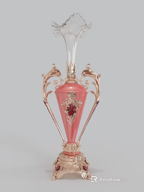 Elegant Pink Vase With Golden Ornaments And Fresh Flower Decoration 3d model 