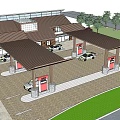 Modern Gas Station Design With Brown Canopy Fuel Pumps Building And Trees