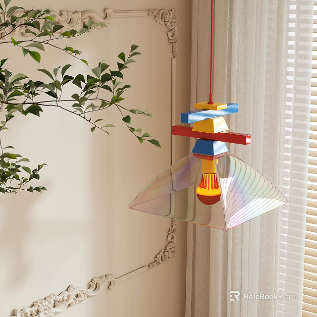 Modern Colorful Geometric Pendant Light With Transparent Shade And Green Plants Near Window Blinds 3d model 