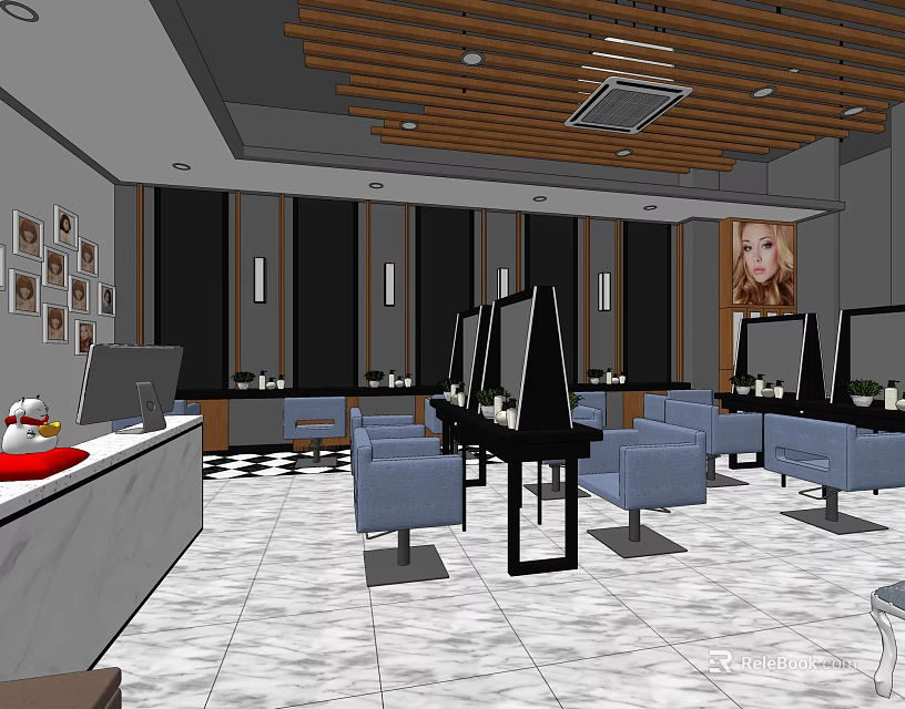 Modern Beauty Hair Salon Interior With Styling Chairs Mirrors Reception Desk And Decor 3d model 