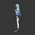 Game and Movie Character With Blue Hair Blue White Form Fitting Suit Orange Black Accents