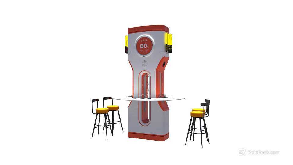 Red And Gray Industrial Equipment With Digital Display 88 And Worktable With Bar Stools 3d model 