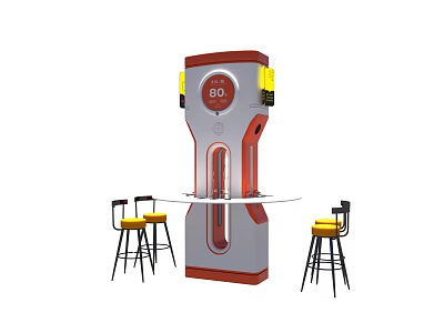 Red And Gray Industrial Equipment With Digital Display 88 And Worktable With Bar Stools 3d model