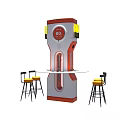 Red And Gray Industrial Equipment With Digital Display 88 And Worktable With Bar Stools