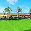 Scenic Garden Landscape Featuring Green Lawn Trees And Green Beige Vintage Train