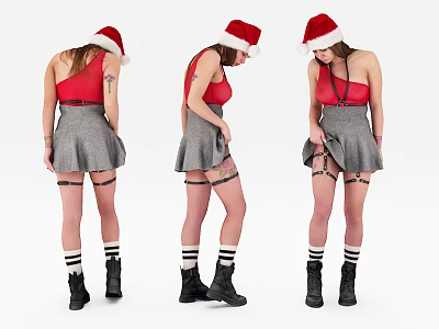 Woman Wearing Santa Hat Red Top Gray Skirt And Black Striped Socks 3d model